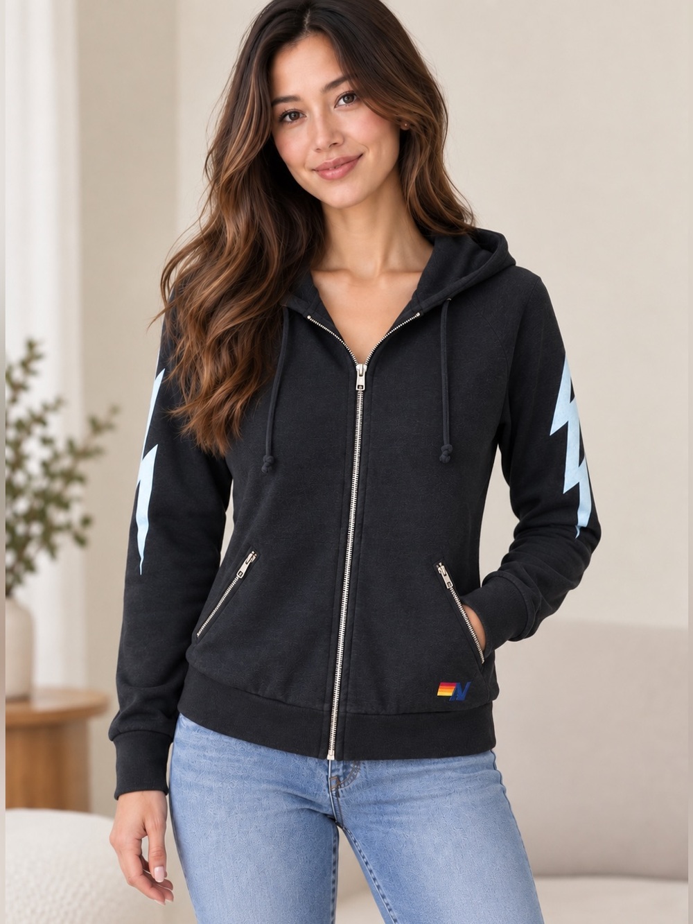Aviator Nation Black/charcoal Lightning Bolt Full Zip Hoodie